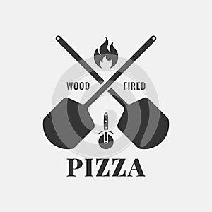 Pizza logo with oven shovel. Wood fired pizza