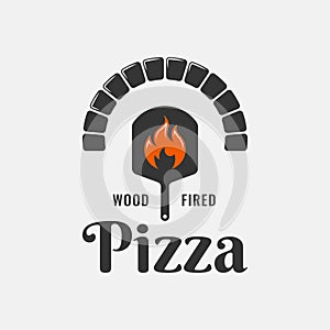 Pizza logo with pizza shovel and oven with flame