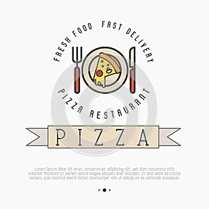 Pizza logo with thin line icons of plate, knif