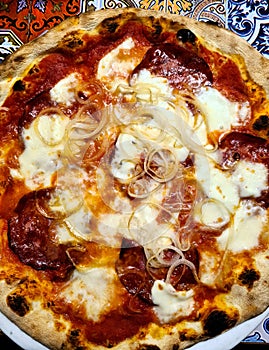 pizza made with spicy salami, tomato sauce, mozzarella and onions