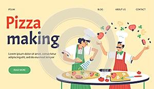 Pizza making web banner with italian chef cooks flat vector illustration.