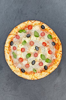 Pizza margarita margherita from above slate portrait format
