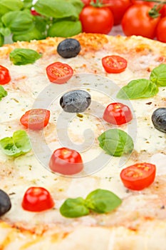 Pizza margarita margherita baking ingredients close up portrait format on wooden board