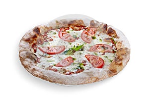 Pizza Margarita with tomato, mozzarella, pesto sauce, basil. Neapolitan round pizza on white background