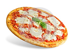 Pizza Margarita with tomatoes, tomato sauce and Mozzarella cheese on a white isolated background