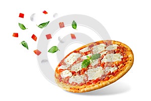 Pizza Margarita with tomatoes, tomato sauce and Mozzarella cheese on a white isolated background