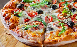 Pizza Margherita or Margarita with Mozzarella cheese, tomato, olive. Italian pizza
