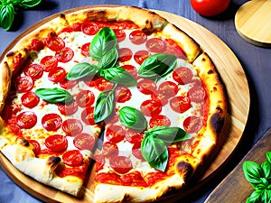 Pizza Margherita with Mozzarella Cheese, Cherry Tomatoes and Basil. Italian Cuisine. Generative AI