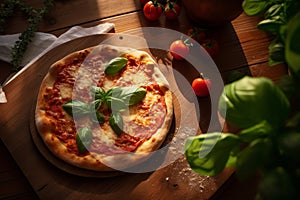 Pizza Margherita on a wooden table. Pizza Margarita with tomatoes, basil and mozzarella cheese. Generative AI