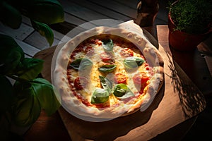 Pizza Margherita on a wooden table. Pizza Margarita with tomatoes, basil and mozzarella cheese. Generative AI