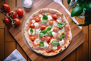 Pizza Margherita on a wooden table. Pizza Margarita with tomatoes, basil and mozzarella cheese. Generative AI