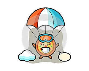 Pizza mascot cartoon is skydiving with happy gesture