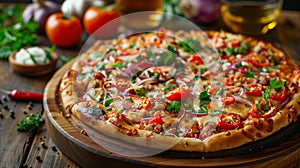 Pizza with meat, mushrooms and vegetables on a wooden background.