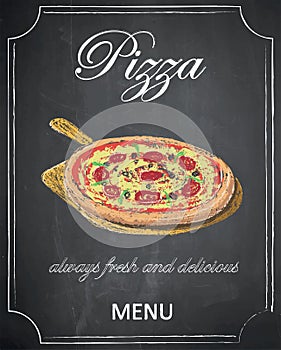 Pizza menu on chalkboard background, vector, illustration, freehand.