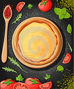 Pizza menu chalkboard cartoon background with fresh ingredients illustration Pizzeria flyer background. Two horizont