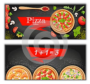 Pizza menu chalkboard cartoon background with fresh ingredients illustration Pizzeria flyer background. Two horizont