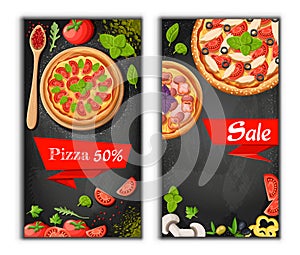 Pizza menu chalkboard cartoon background with fresh ingredients illustration Pizzeria flyer background. Two vertical