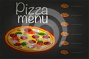 Pizza menu chalkboard cartoon background with fresh ingredients vector illustration