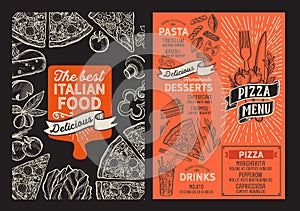 Pizza menu food template for restaurant with doodle hand-drawn graphic