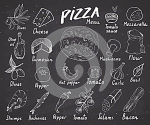 Pizza menu hand drawn sketch set. Pizza preparation design template with cheese, olives, salami, mushrooms, tomatoes, flour and ot