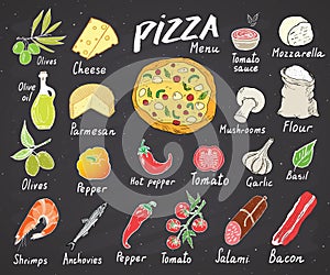 Pizza menu hand drawn sketch set. Pizza preparation design template with cheese, olives, salami, mushrooms, tomatoes, flour and ot