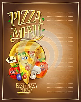 Pizza menu list with cartoon personages with funny pizza slice and cute vegetables