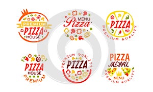 Pizza Menu Premium Logo Design Set, Pizza House, Restaurant, Delivery Service Labels Cartoon Vector Illustration