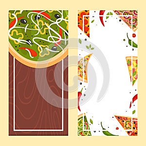 Pizza menu vector illustration. Card fast food hot lunch, poster delicious dinner in cafe. Flyer design with slices