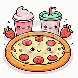 Pizza and milkshake character, fast food kawaii cartoon, vector illustration graphic design icon, generative ai