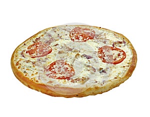 Pizza with mozzarella, chedar and tomatoes.