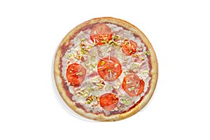 Pizza with mozzarella cheese, brisket, ham and onion isolated on white background. Top view