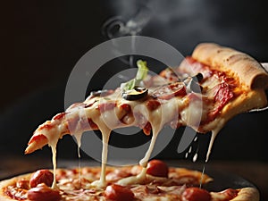Pizza with mozzarella cheese and olives on black background