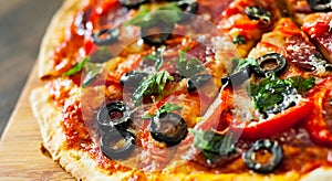 Pizza with Mozzarella cheese, salami, pepper, pepperoni, Tomatoes, olives, Spices and Fresh Basil. Italian pizza