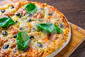 Pizza with Mozzarella cheese, Tomatoes, pepper, olive, Spices and Fresh Basil. Italian pizza. Pizza Margherita or Margarita on woo