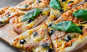 Pizza with Mozzarella cheese, Tomatoes, pepper, olive, Spices and Fresh Basil. Italian pizza. Pizza Margherita or Margarita on woo