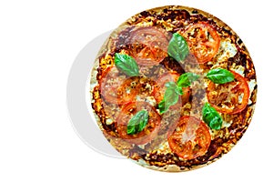 Pizza with Mozzarella cheese, Tomatoes, pepper, Spices and Fresh Basil. Italian pizza. Pizza Margherita or Margarita. isolated on