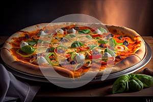 Pizza with mozzarella cheese, tomatoes, peppers and basil. selective focus. Generative AI