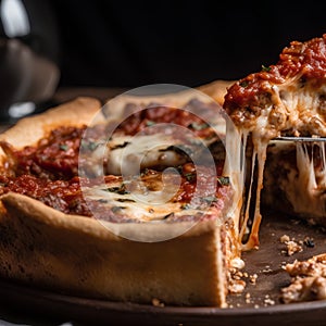 Pizza with mozzarella and tomato sauce on a dark background