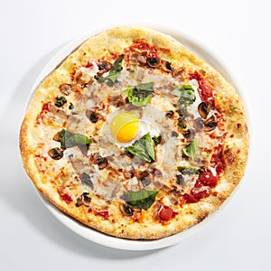 Pizza with Mushrooms, Bacon and Egg in Restaurant Plate Isolated