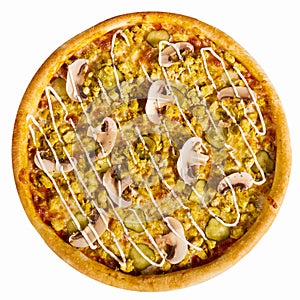 Pizza with mushrooms and curry on white background. isolate