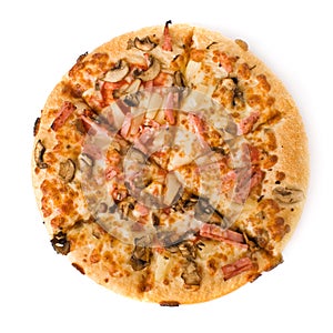 Pizza with mushrooms, ham and pineapple