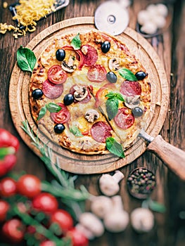 Pizza with mushrooms, salami and tomatoes. Vintage style.