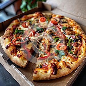 Pizza with olives, tomatoes and mushrooms in a box