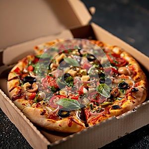 Pizza with olives, tomatoes and mushrooms in a box on a dark background