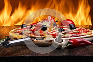 Pizza with oven fire on background