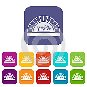 Pizza oven with fire icons set