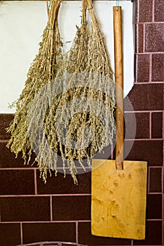 Pizza oven still life with dried herbs