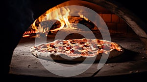 Pizza in the oven: topped pizza in a hot baking tray, melting the cheese and the crust crispy