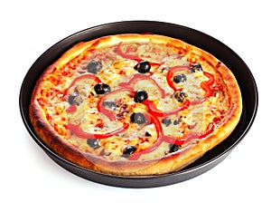 Pizza in pan isolated on white