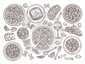 Pizza and pasta. Italian food, doodle variety dishes tomato wine. Hand drawn traditional cuisine of italy, spaghetti